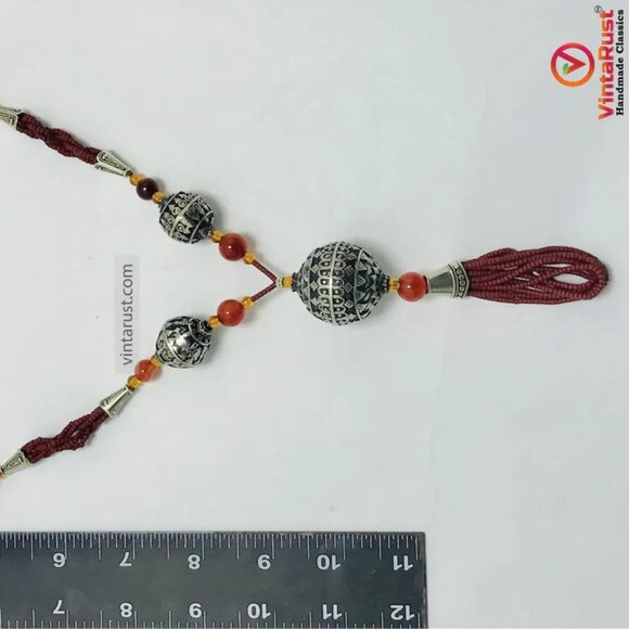 Vintage Style Tassel Necklace with Ornate Metal Beads, Statement Tribal Pendant - Picture 13 of 13
